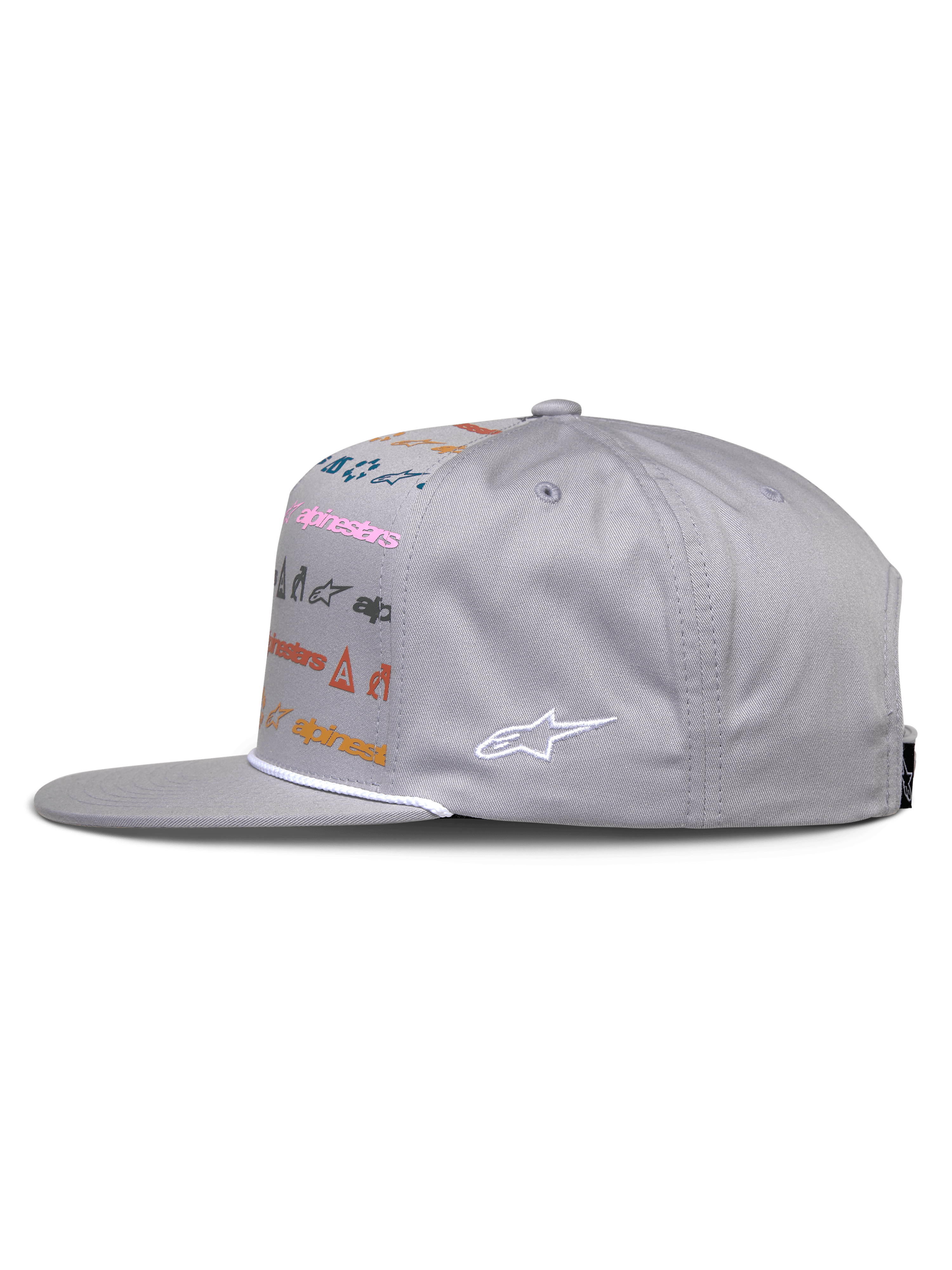 Alpinestars Glphy Hat, Gray snapback hat, side view, flat bill with white rope trim, featuring multi-colored logo print on the front and white embroidered logo on the side, casual motorsport streetwear