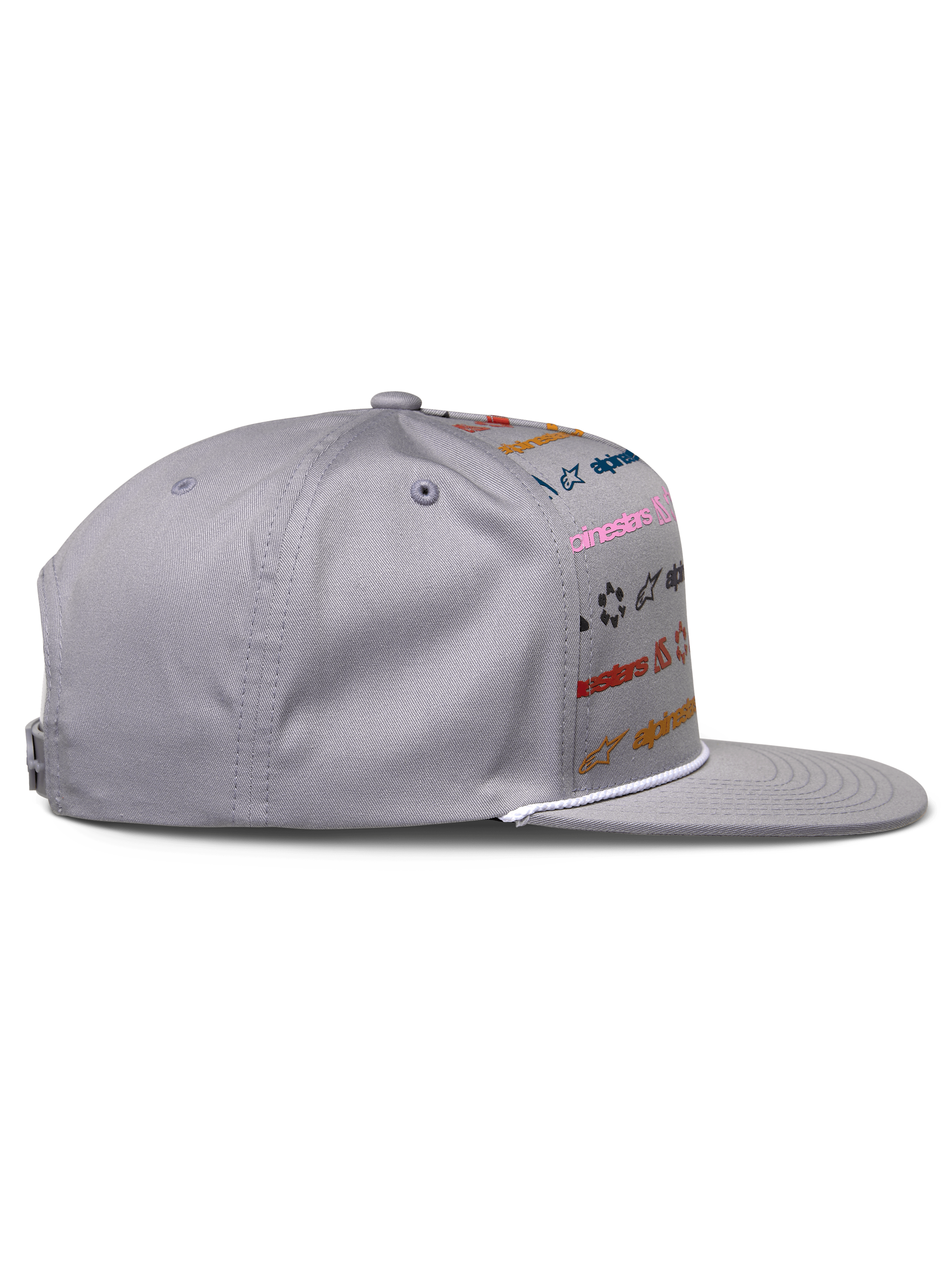 Alpinestars Glphy Hat, Gray, Flat Bill Snapback with multi-colored logo print, white rope trim at the bill, structured crown, casual motorsport-inspired headwear