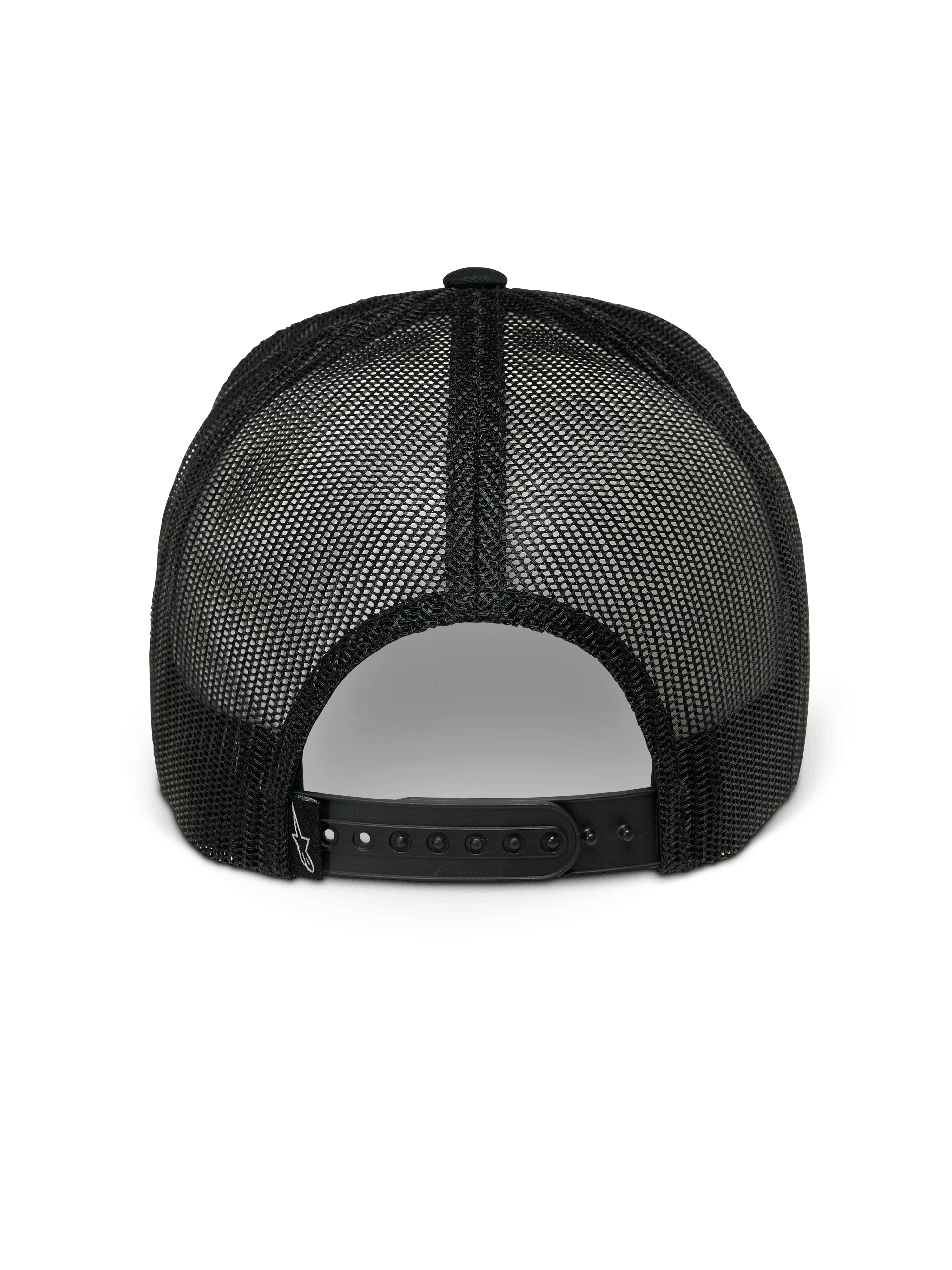Alpinestars Gambit Trucker Hat, Snapback-Mütze, Schwarz, Rückansicht mit atmungsaktiven Poly-Mesh-Einsätzen und verstellbarem Snapback-Verschluss, lässige Motorsport-Sportbekleidung