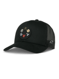 Alpinestars Gambit Trucker Hat, Schwarz, runder Front-Patch mit bunt bestickten Buchstaben, atmungsaktive Mesh-Rückseite, gebogener Schirm, kleines weißes Logo an der Seite, lässige Motorsport-Lifestyle-Kopfbedeckung