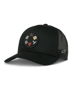 Alpinestars Gambit Trucker Hat, Schwarz, runder Front-Patch mit bunt bestickten Buchstaben, atmungsaktive Mesh-Rückseite, gebogener Schirm, kleines weißes Logo an der Seite, lässige Motorsport-Lifestyle-Kopfbedeckung