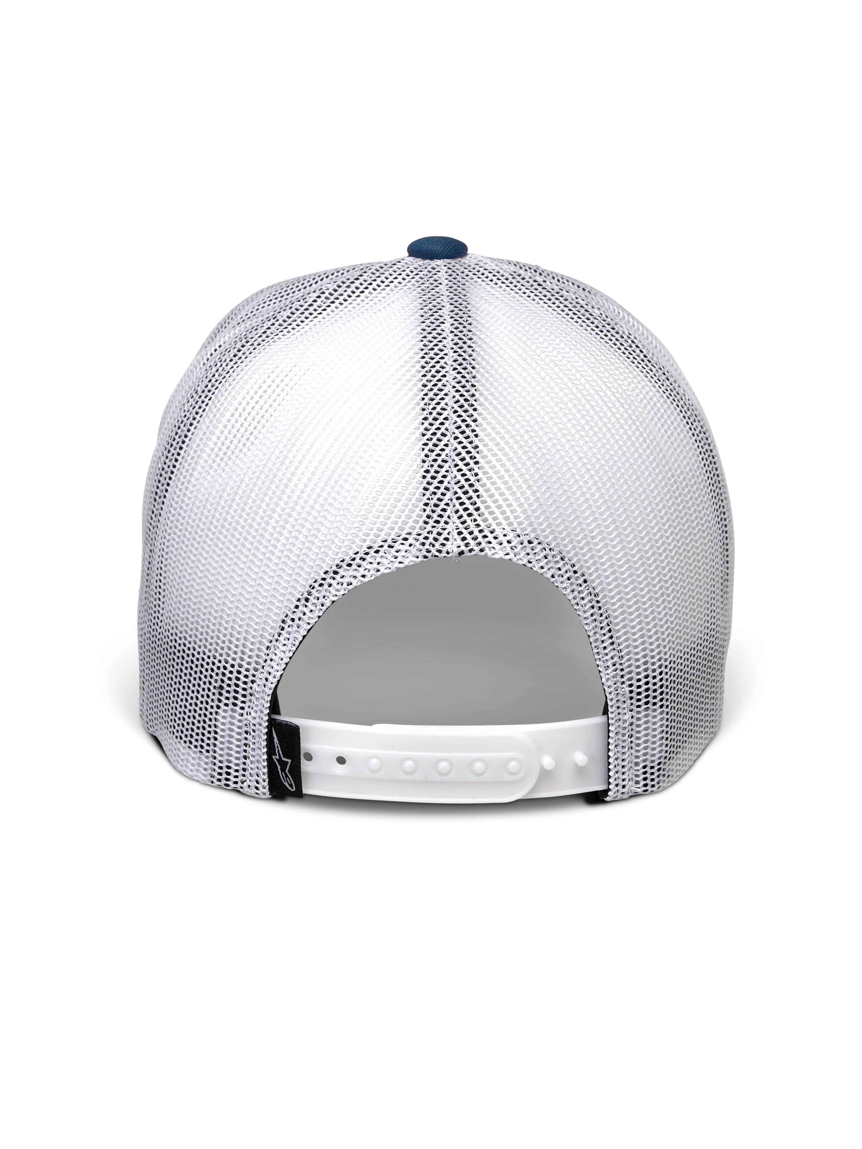 Alpinestars Gambit Trucker Hat, Blau und Weiß, Rückansicht mit atmungsaktiven weißen Mesh-Einsätzen, weißer Snapback-Verschluss mit kleinem schwarzem Alpinestars-Logo-Etikett, lässige, vom Motorsport inspirierte Kopfbedeckung
