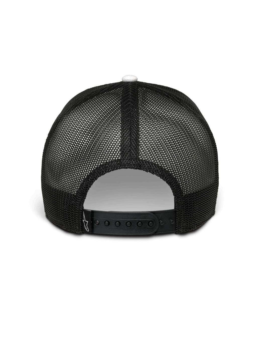 Alpinestars Hardware Trucker Mütze, Weiß und Schwarz, Rückansicht, schwarze Poly-Mesh-Rückseite mit verstellbarem Snapback-Verschluss, kleines weißes Alpinestars-Logo auf dem Verschlussriemen, lässige Motorsport-Streetwear