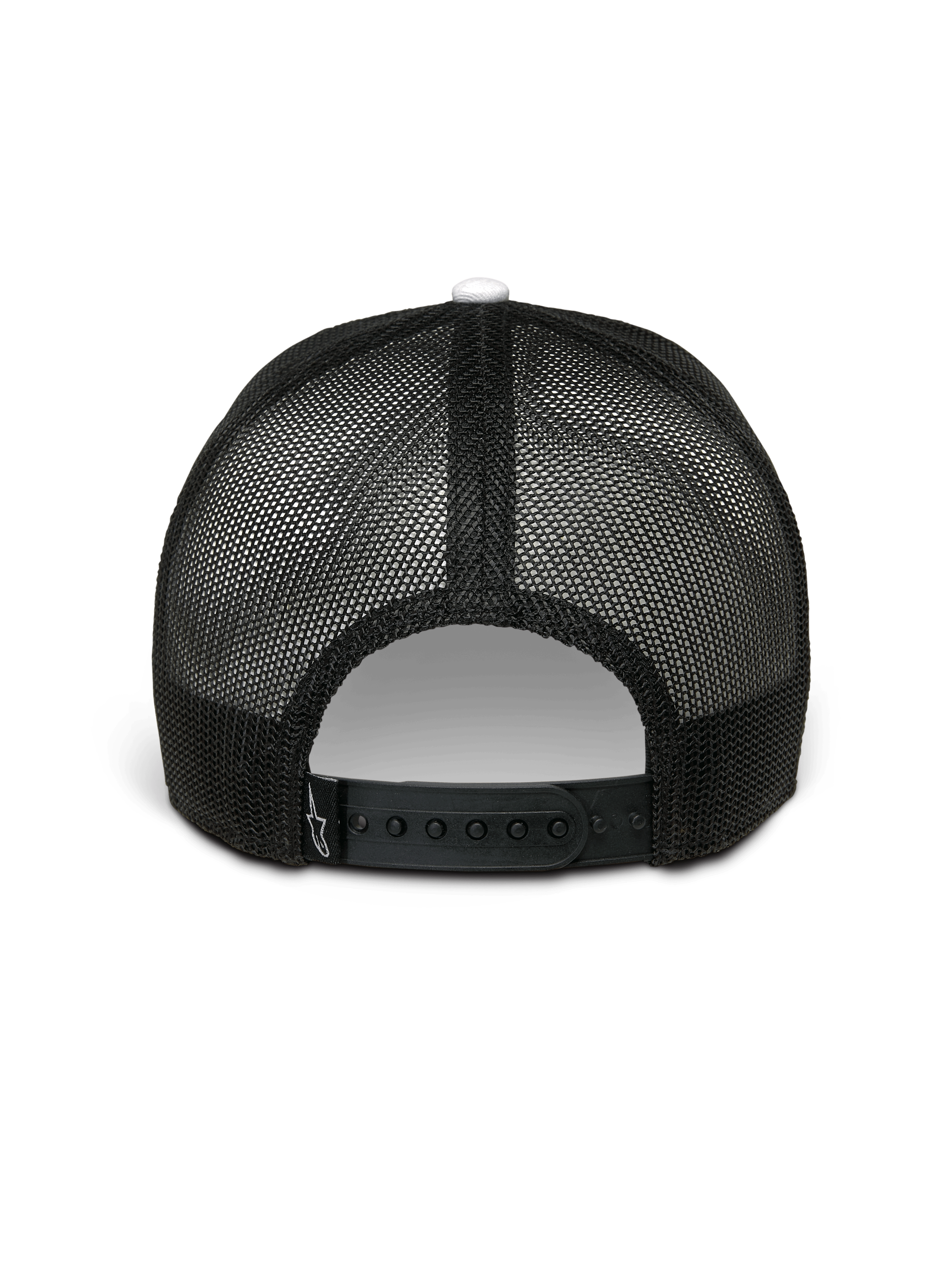Alpinestars Hardware Trucker Mütze, Weiß und Schwarz, Rückansicht, schwarze Poly-Mesh-Rückseite mit verstellbarem Snapback-Verschluss, kleines weißes Alpinestars-Logo auf dem Verschlussriemen, lässige Motorsport-Streetwear