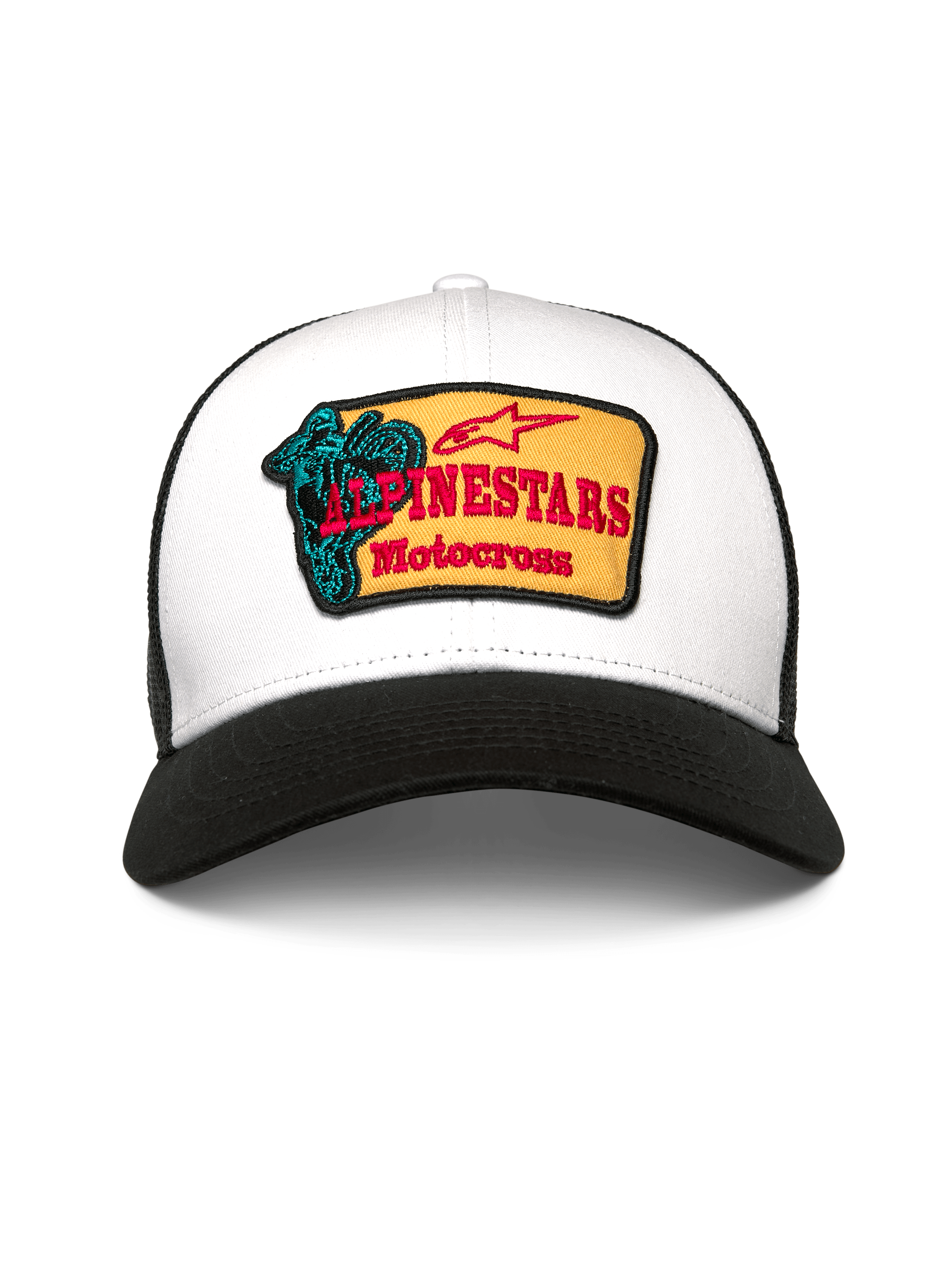 Alpinestars Hardware Trucker Mütze, Trucker Cap, Weiß und Schwarz, mit gelbem Stick-Patch, rotem Alpinestars Motocross-Schriftzug und türkisfarbener Grafik, gebogener Schirm, atmungsaktive Mesh-Rückseite, lässige Kopfbedeckung im Motorsport-Stil