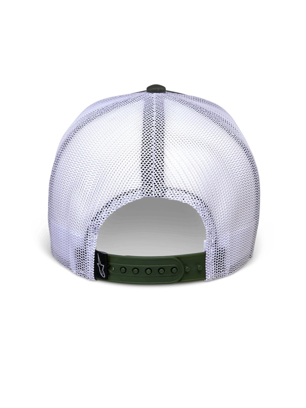 Alpinestars Hardware Trucker Hat in Military White, Rückansicht mit weißen Mesh-Einsätzen und olivgrünem Snapback-Verschluss, kleines schwarzes A-Star-Logo-Etikett, lässige, vom Motorsport inspirierte Kopfbedeckung