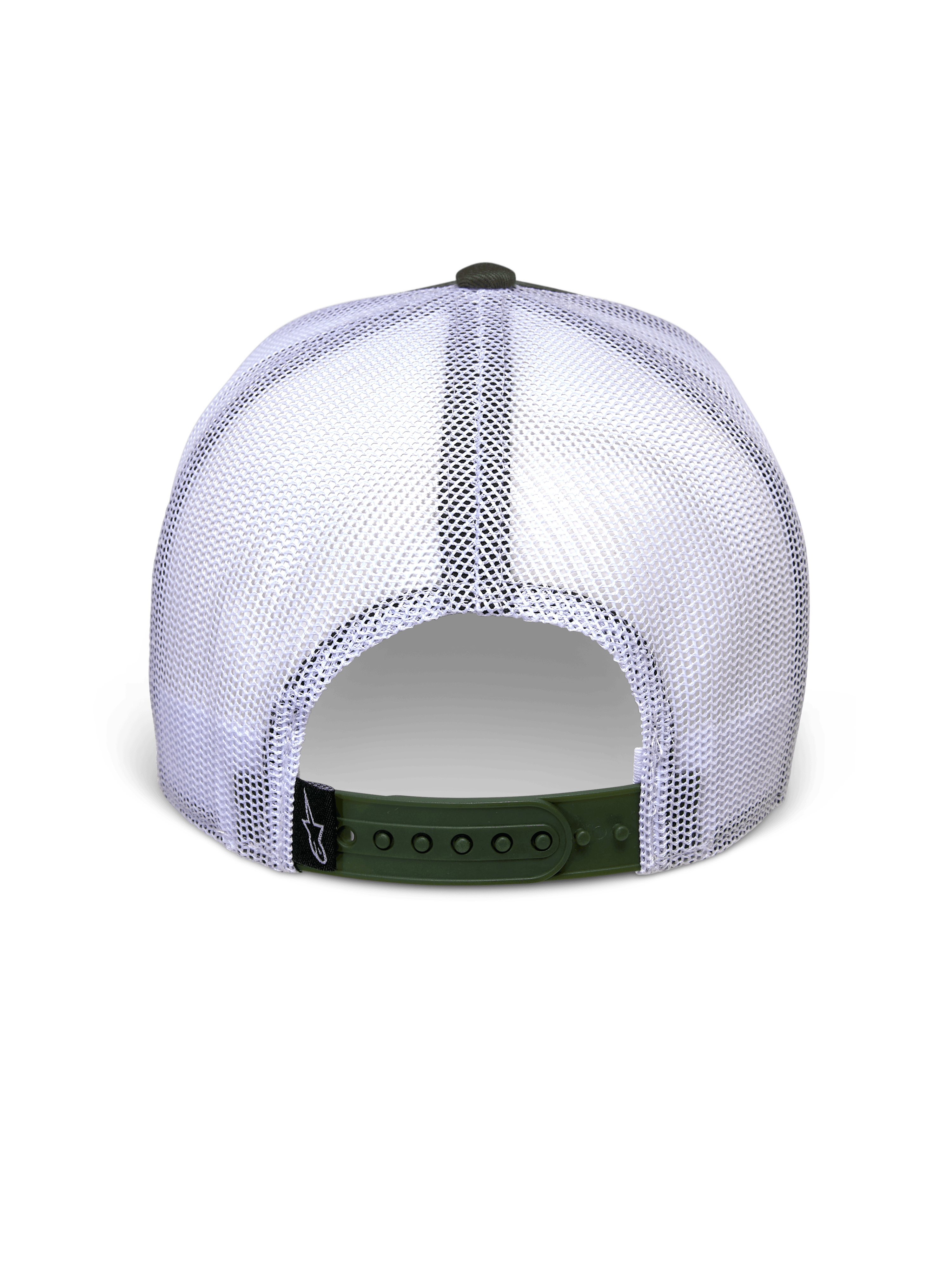 Alpinestars Hardware Trucker Hat in Military White, Rückansicht mit weißen Mesh-Einsätzen und olivgrünem Snapback-Verschluss, kleines schwarzes A-Star-Logo-Etikett, lässige, vom Motorsport inspirierte Kopfbedeckung