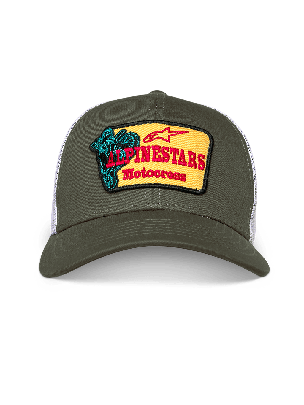 Alpinestars Hardware Trucker Mütze, olivgrüne und weiße Trucker-Kappe, strukturierte Krone mit gebogenem Schirm, gelber bestickter Front-Patch mit rotem Alpinestars Motocross-Branding und blaugrüner Fahrer-Grafik, lässige Motorsport-Streetwear