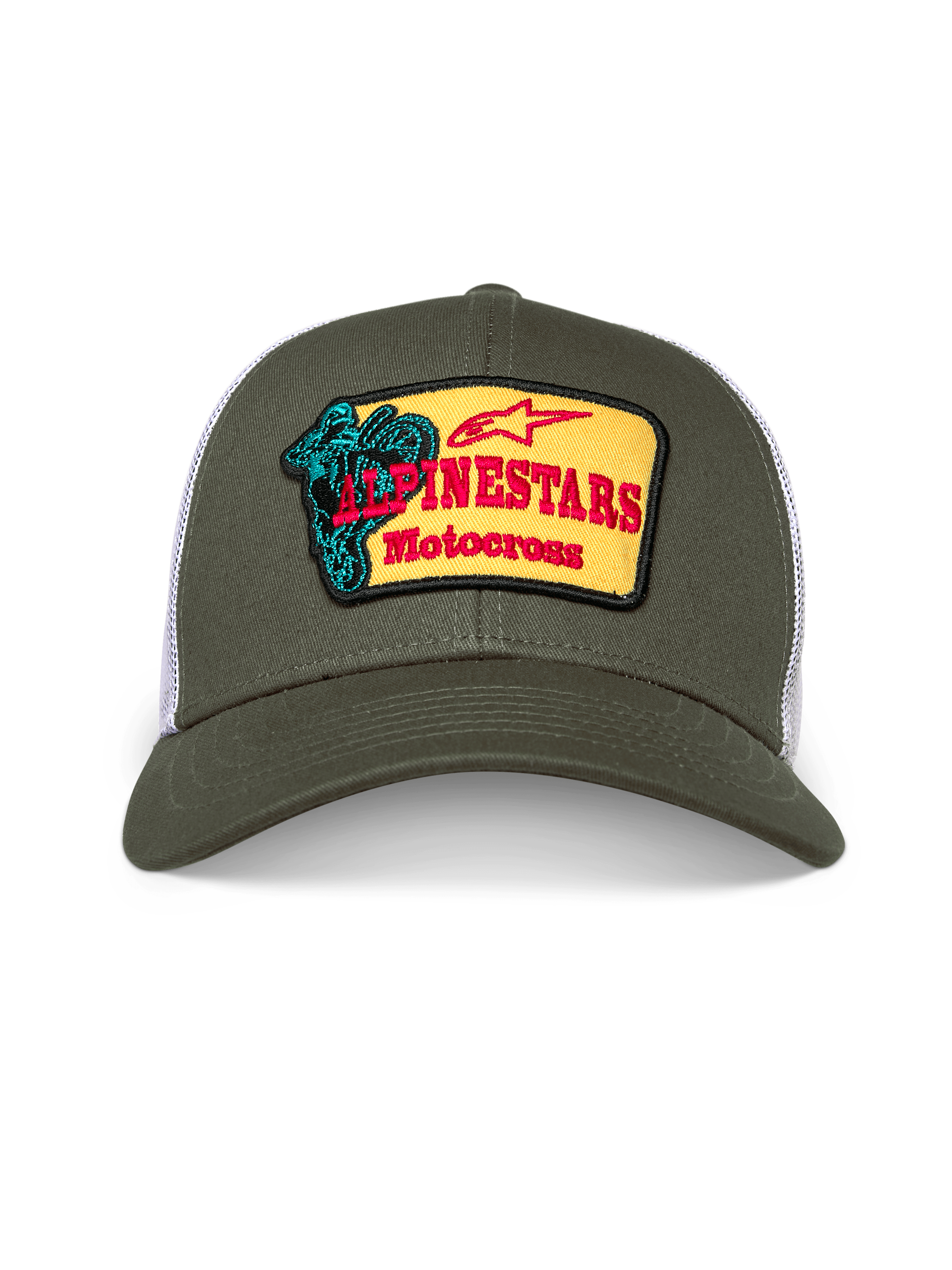 Alpinestars Hardware Trucker Mütze, olivgrüne und weiße Trucker-Kappe, strukturierte Krone mit gebogenem Schirm, gelber bestickter Front-Patch mit rotem Alpinestars Motocross-Branding und blaugrüner Fahrer-Grafik, lässige Motorsport-Streetwear