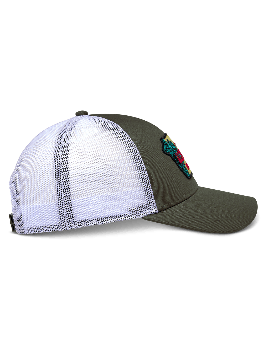 Alpinestars Hardware Trucker Mütze, Seitenansicht, Militärgrün mit weißem Poly-Mesh-Rücken, gebogener Schirm und strukturierte Krone, mit besticktem Patch, lässige, vom Motorsport inspirierte Kopfbedeckung