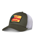 Alpinestars Hardware Trucker Hat, Olivgrün mit weißem Mesh, gelber Aufnäher mit rotem Alpinestars Motocross-Branding, gebogener Schirm, strukturierte Krone, lässige Motorsport-Sportbekleidung