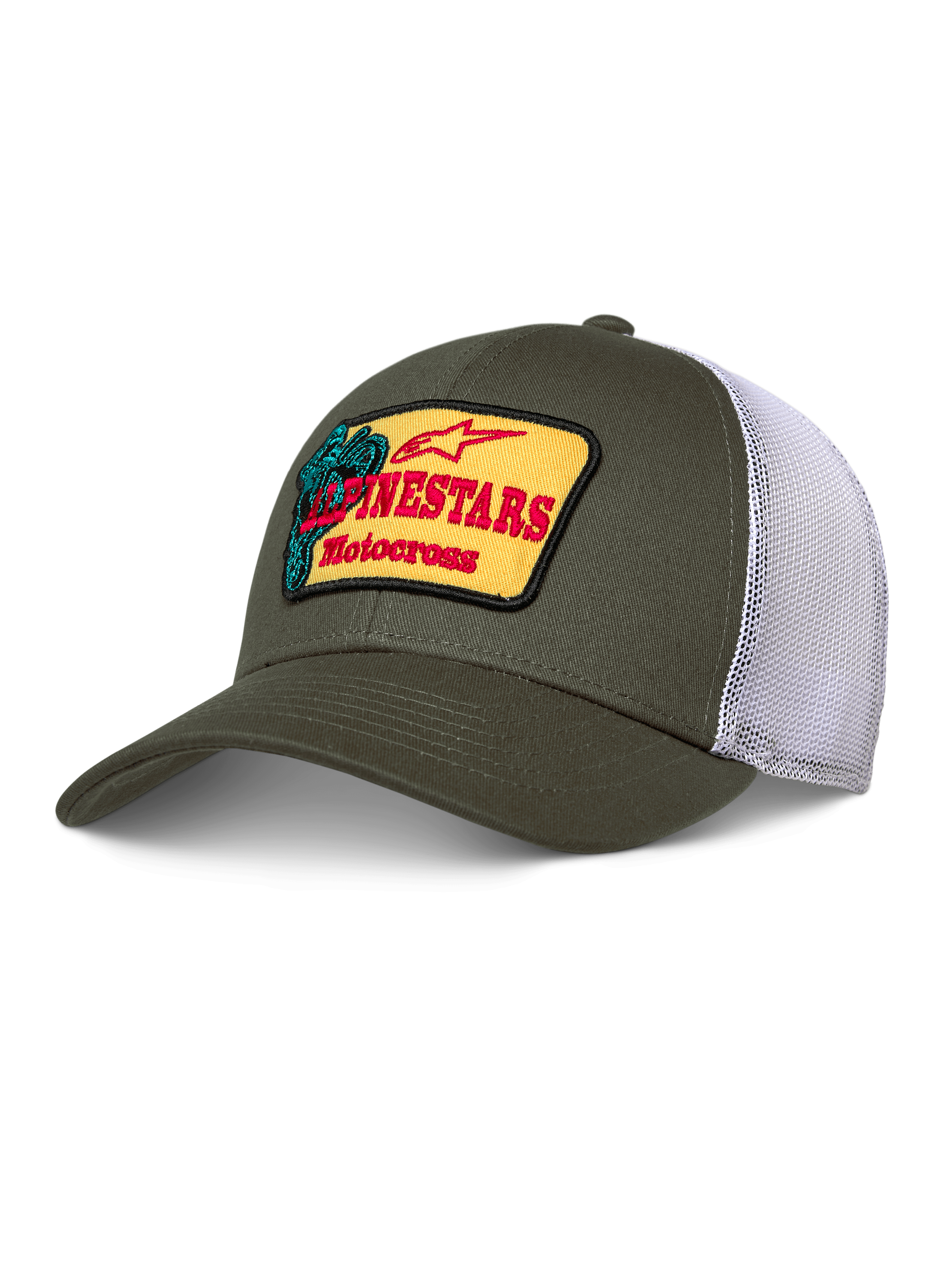 Alpinestars Hardware Trucker Hat, Olivgrün mit weißem Mesh, gelber Aufnäher mit rotem Alpinestars Motocross-Branding, gebogener Schirm, strukturierte Krone, lässige Motorsport-Sportbekleidung