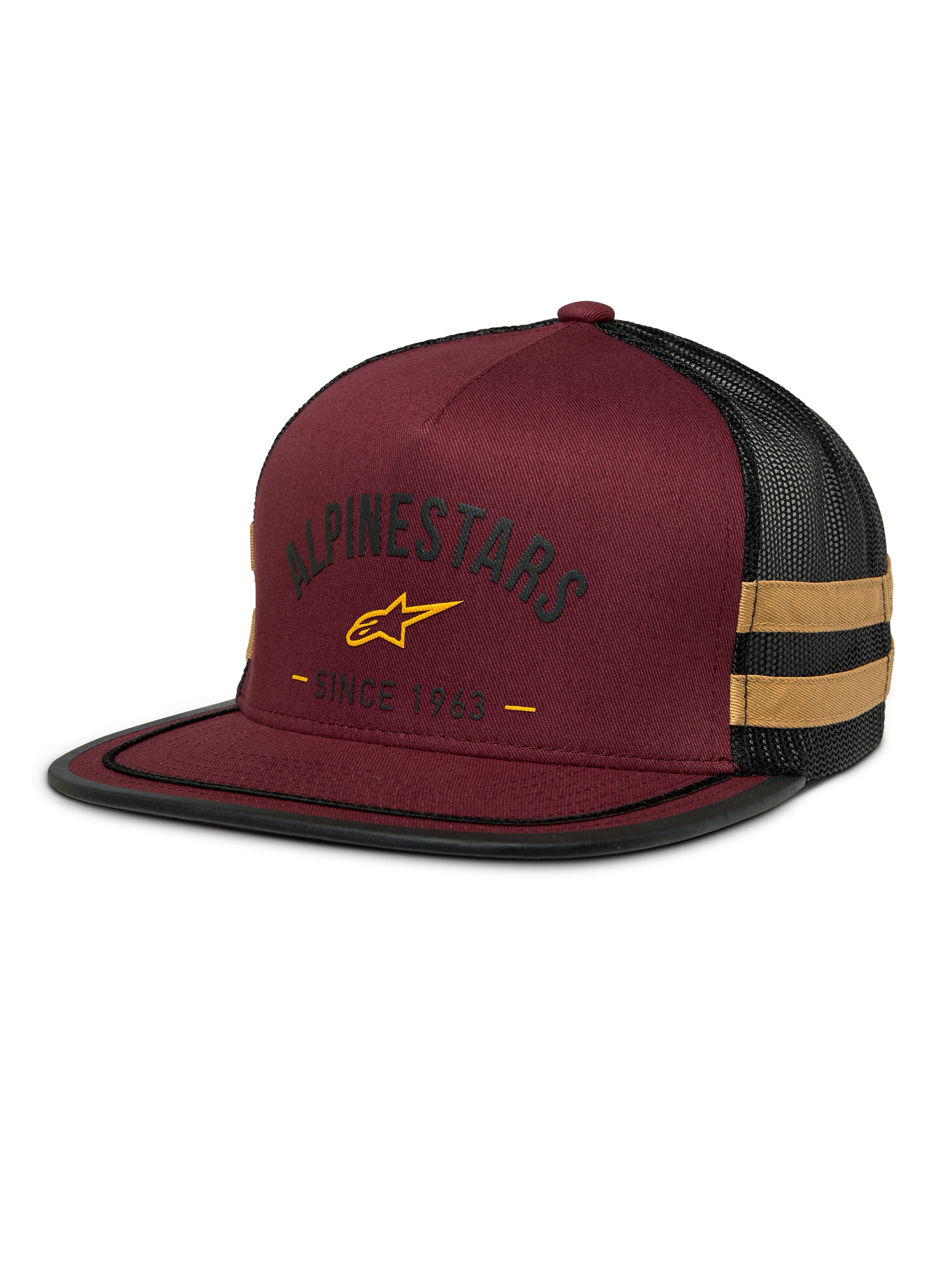 Alpinestars Backline Trucker Hat, Brick and Black Mesh Cap, Yellow Star Logo and 'Since 1963' Heritage Graphic, Structured Crown with Flat Bill, Mustard Yellow Side Stripes