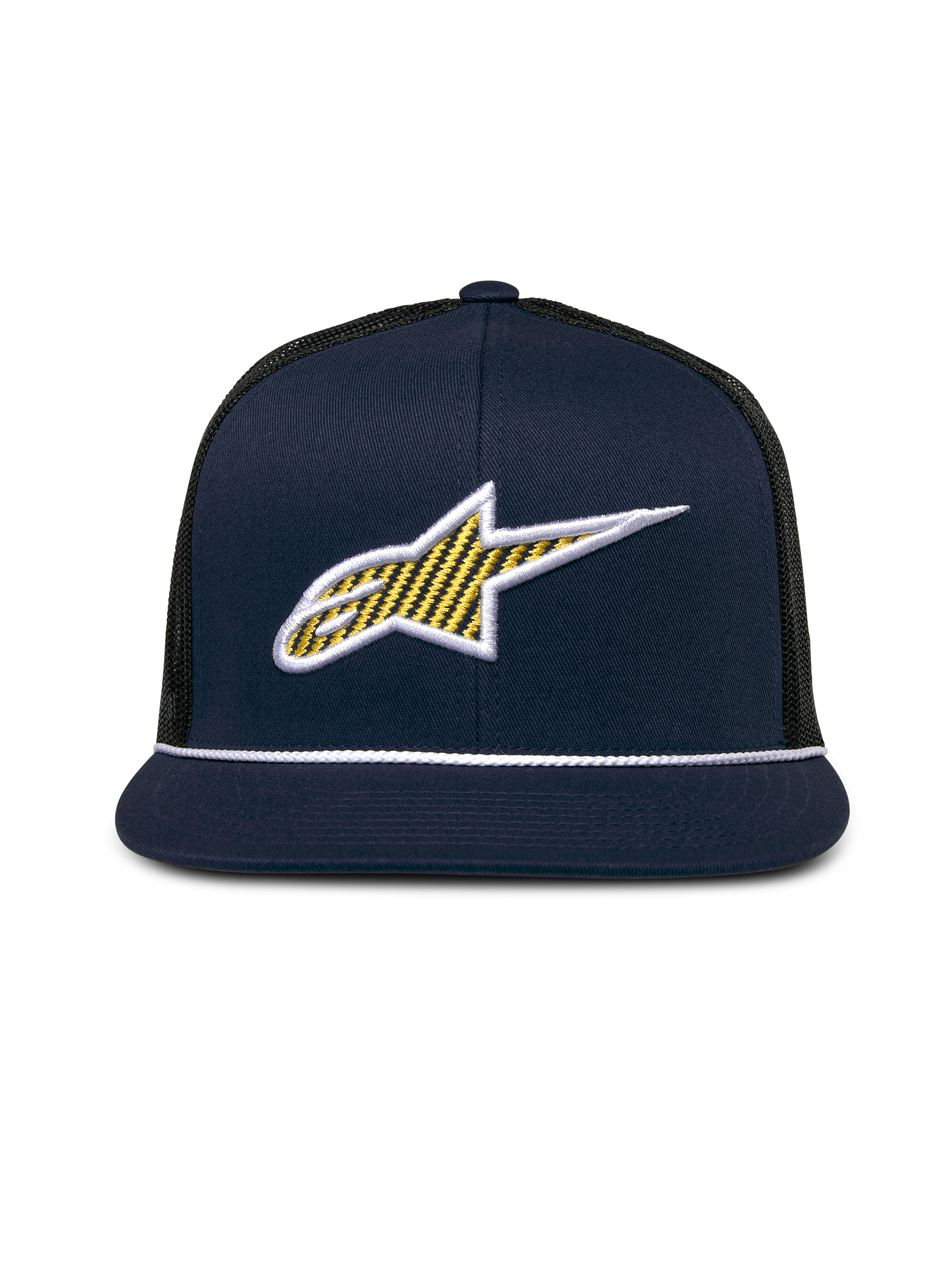 Alpinestars Orion Trucker Kappe, Marineblau und Schwarz, 3D Ageless-Logo auf der Vorderseite mit gelber Musterfüllung und weißem Rand, flacher Schirm mit weißem Seilbesatz, strukturierte Krone und schwarze Mesh-Rückseite, lässige Motorsport-Kopfbedeckung