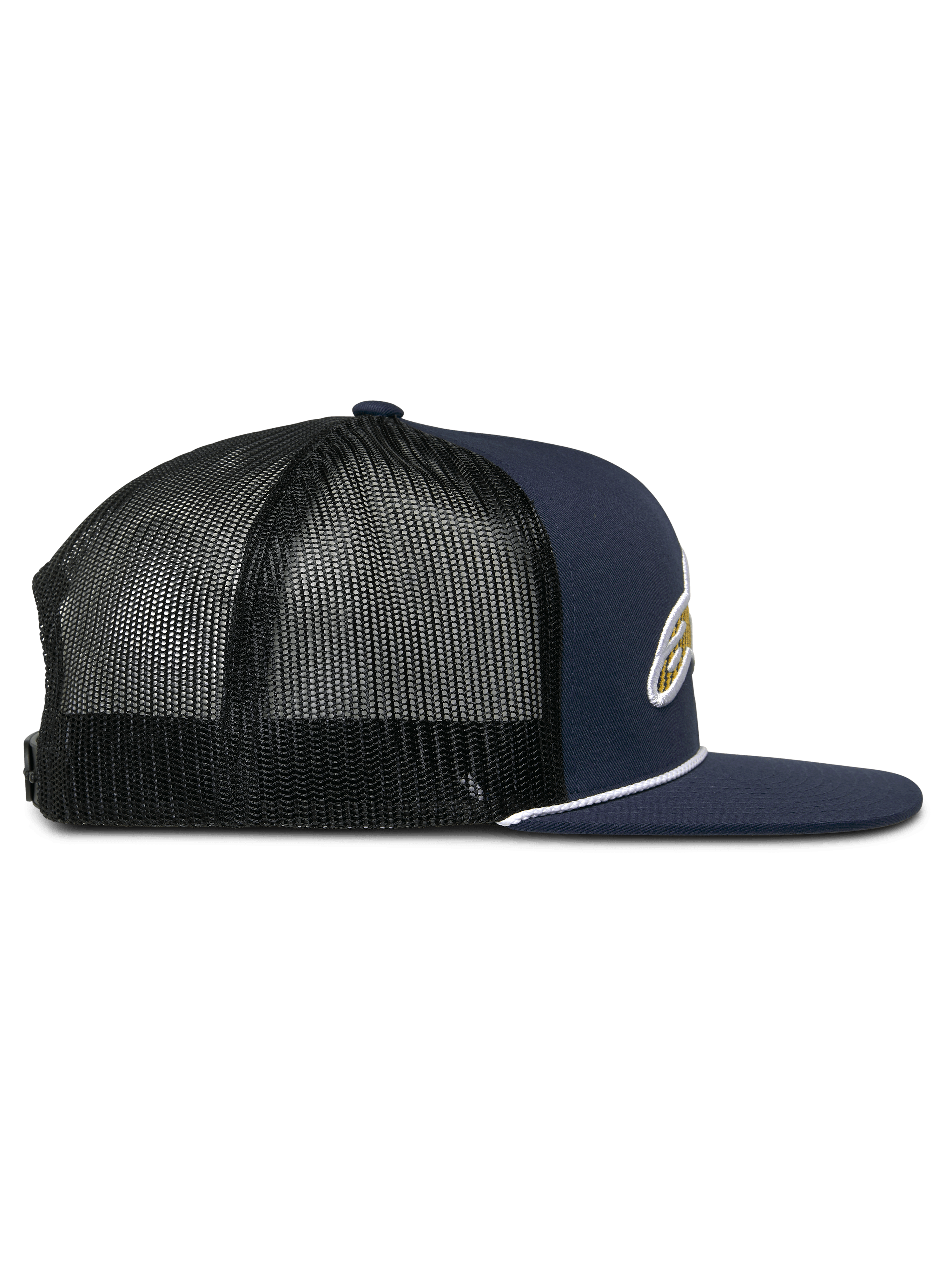 Alpinestars Orion Trucker Mütze, Seitenansicht, dunkelblaue Twill-Vorderseite mit schwarzer Mesh-Rückseite, flacher Schirm mit weißem Seilbesatz, strukturierte Krone, lässige Motorsport-Kopfbedeckung