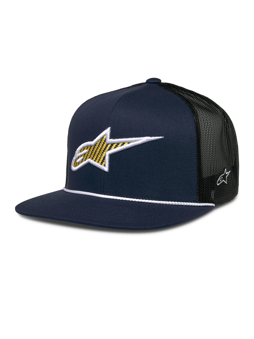 Alpinestars Orion Trucker Hat, Marineblau und Schwarz, strukturierte Frontpartie mit 3D-gesticktem gelbem und weißem Stern-Logo, schwarze Mesh-Rückseite, weißes Seildetail auf flachem Schirm, kleines weißes Stern-Emblem an der Seite