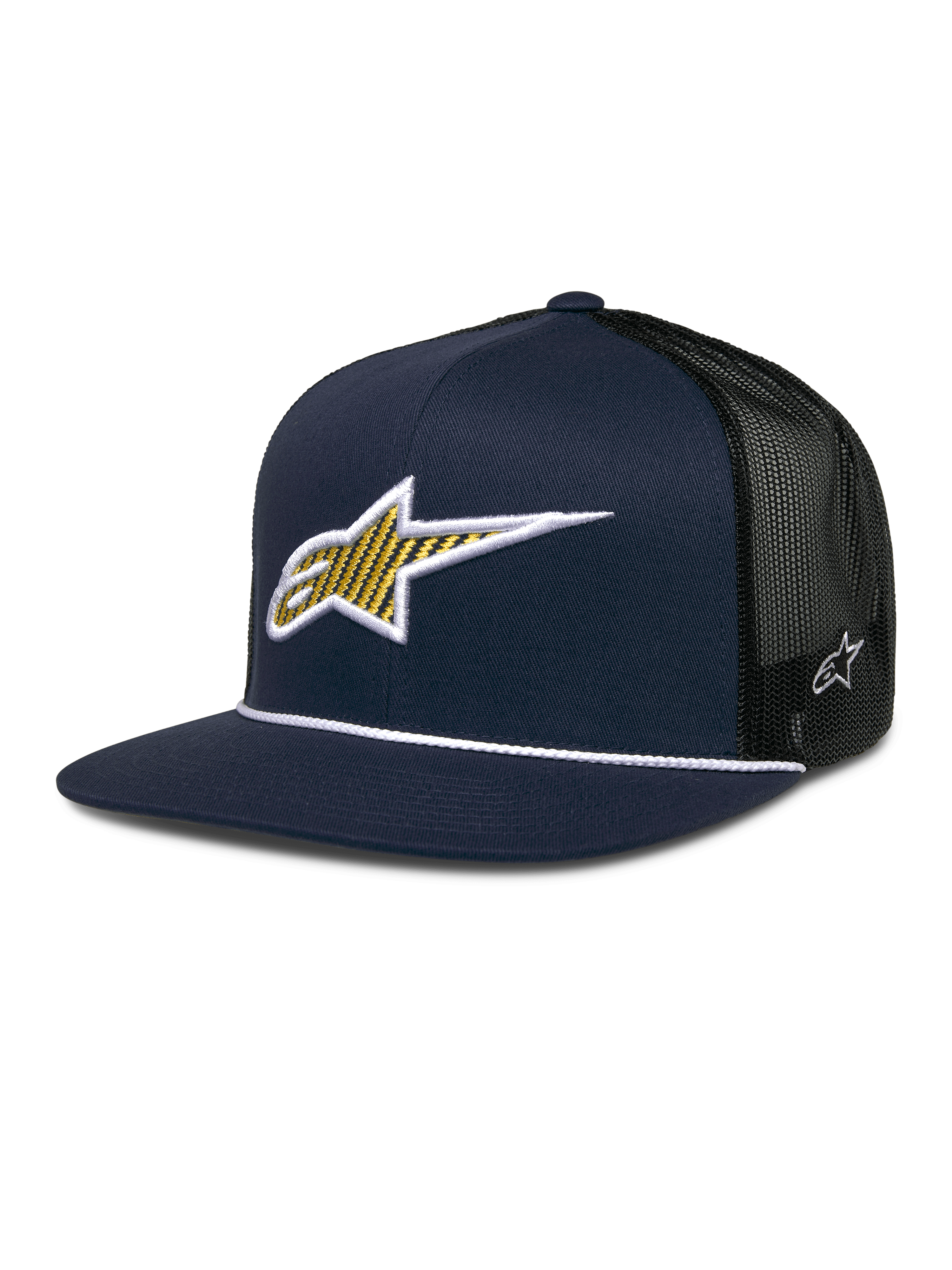 Alpinestars Orion Trucker Hat, Marineblau und Schwarz, strukturierte Frontpartie mit 3D-gesticktem gelbem und weißem Stern-Logo, schwarze Mesh-Rückseite, weißes Seildetail auf flachem Schirm, kleines weißes Stern-Emblem an der Seite