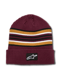 Alpinestars Bolted Cuff Beanie, bordeauxrote gerippte Strick-Wintermütze, garngefärbte horizontale Streifen in Gold, Schwarz und Weiß, Umschlag mit gewebtem Alpinestars Logo-Patch, lässige Sport-Kopfbedeckung