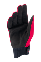Alpinestars Woman Stella A-Dura Rain Gloves, Red Fluo and Black, palm view featuring synthetic suede palm, ribbed neoprene cuff with hook-and-loop wrist closure, waterproof cycling gloves