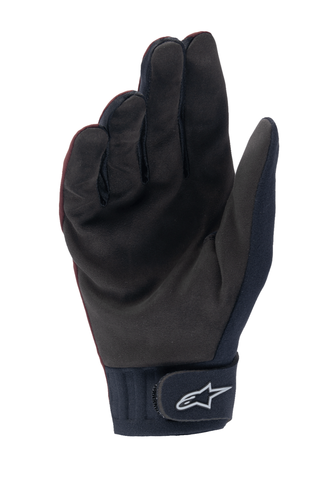 Alpinestars Stella A-Dura Thermal Handschuhe, Damen-MTB-Handschuhe, Dunkelburgunderrot und Schwarz, Handflächenansicht aus synthetischem Wildleder, Neoprenbündchen mit Klettverschluss und weißem Alpinestars-Logo, ideal für Radsport bei kaltem Wetter
