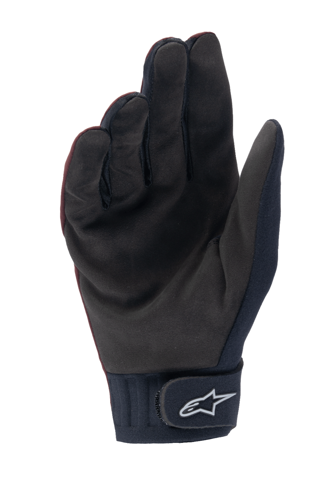 Alpinestars Stella A-Dura Thermal Handschuhe, Damen-MTB-Handschuhe, Dunkelburgunderrot und Schwarz, Handflächenansicht aus synthetischem Wildleder, Neoprenbündchen mit Klettverschluss und weißem Alpinestars-Logo, ideal für Radsport bei kaltem Wetter