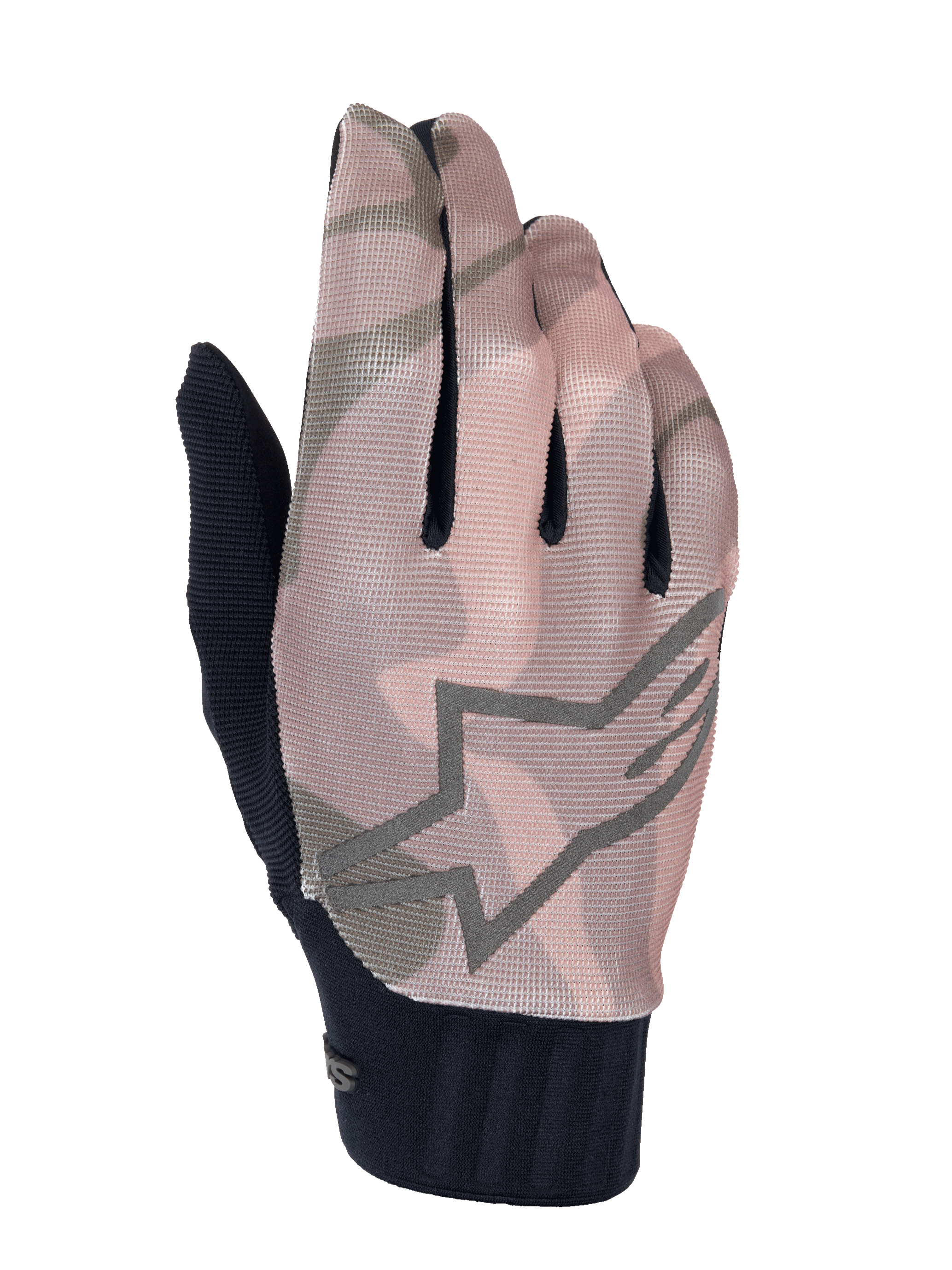 Alpinestars A-Dura Squad Gloves, Mountain Bike Gloves, Brown and Gray Camouflage Pattern, featuring a large star logo outline on the back, textured mesh upper, and black ribbed cuff