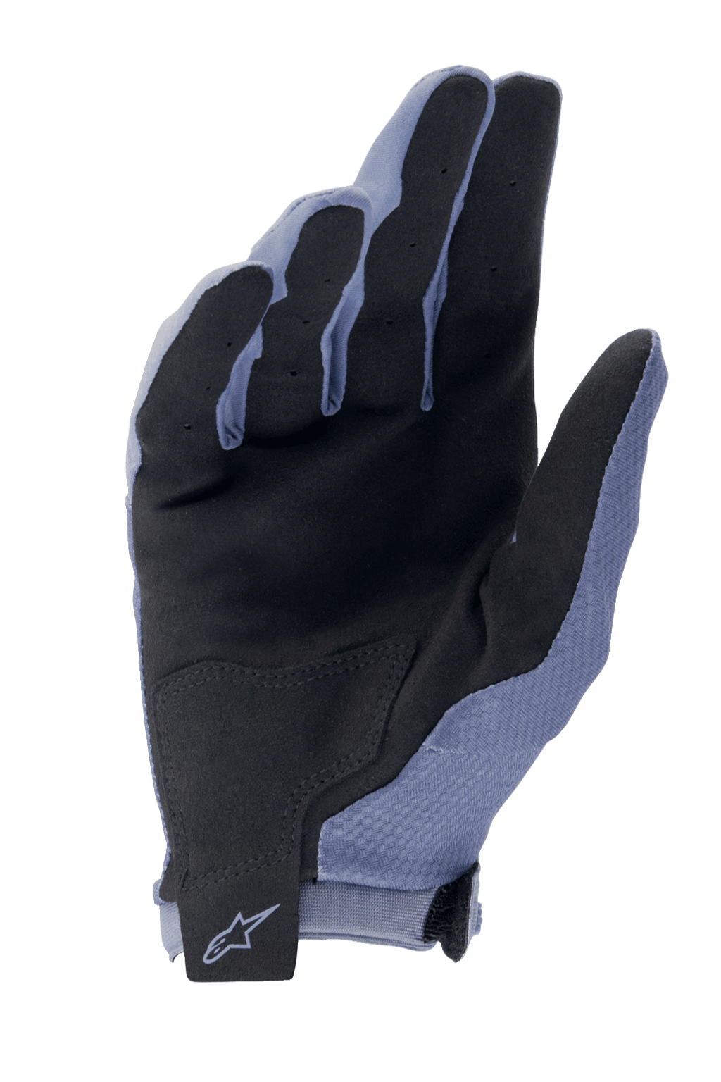 Alpinestars A-Aria Gloves, Cycling MTB Gloves, Infinity Blue and Black, palm view featuring synthetic suede for grip, reinforced palm patch, and hook-and-loop wrist strap with Alpinestars logo