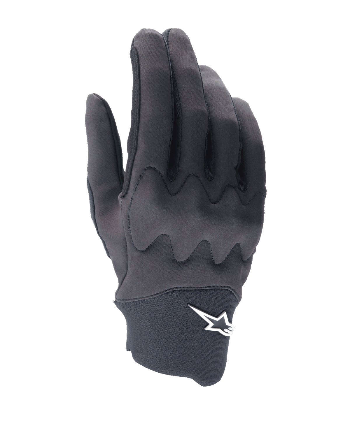 Alpinestars A-Supra Shield Gloves, MTB Cycling Gloves, Black, sleek design with wavy knuckle shield pattern, white star logo on the neoprene cuff, flexible and durable construction