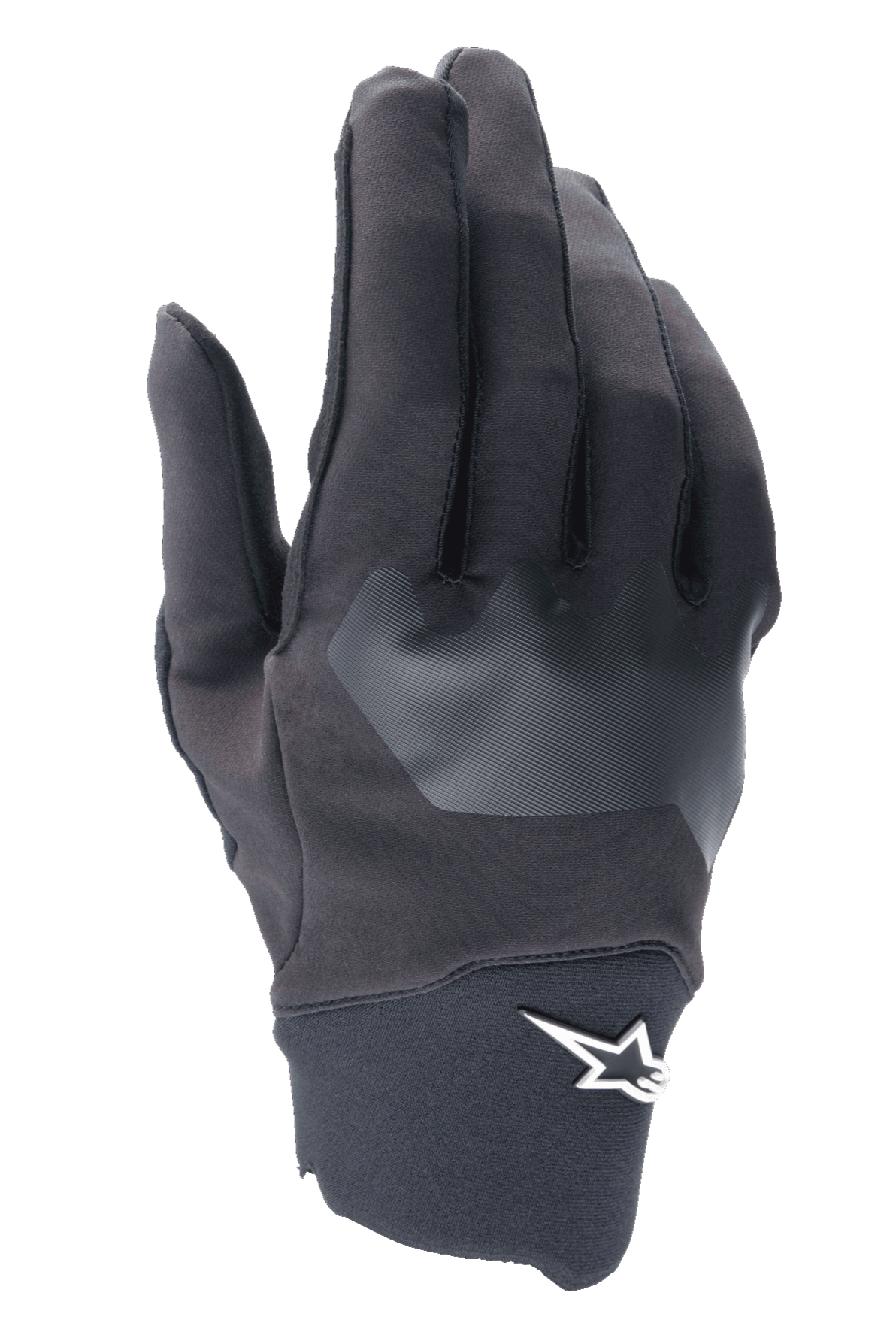 Alpinestars A-Supra Handschuhe, MTB-Fahrradhandschuhe, Schwarz mit grauem strukturiertem Patch, weißes Stern-Logo am Handgelenk, flexibles Spandex-Material für Mountainbike- und Offroad-Fahrten