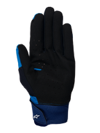 Alpinestars A-Supra Handschuhe, blaue MTB-Handschuhe, Handflächenansicht zeigt schwarzes, perforiertes Wildledermaterial, breiter blauer Neoprenbund mit Klettverschluss und weißem Astars-Logo