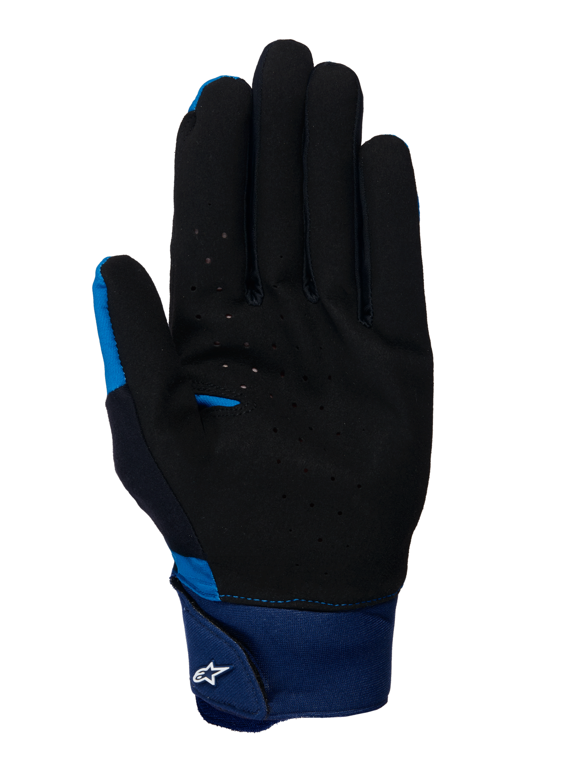 Alpinestars A-Supra Handschuhe, blaue MTB-Handschuhe, Handflächenansicht zeigt schwarzes, perforiertes Wildledermaterial, breiter blauer Neoprenbund mit Klettverschluss und weißem Astars-Logo