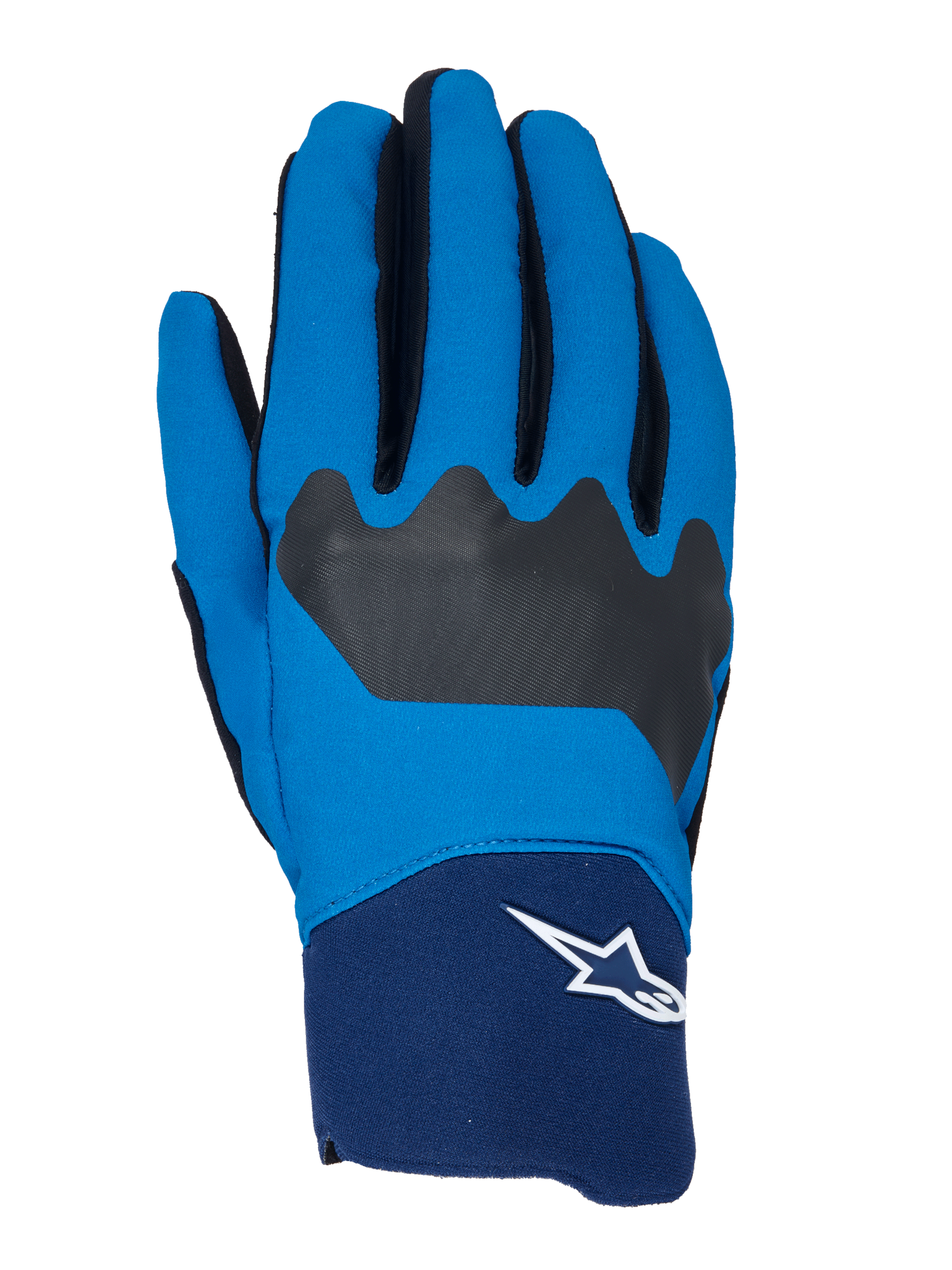 Alpinestars A-Supra Handschuhe, MTB-Fahrradhandschuhe, Blau und Marineblau mit schwarzen Akzenten, weißes Astars-Logo am Bündchen, flexible Stoffkonstruktion für Offroad-Performance
