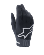 Alpinestars A-Dura Gloves, Black Mountain Bike Gloves, featuring a large white star logo on the back, textured stretch fabric, and a wide neoprene cuff with branding, designed for off-road cycling performance.