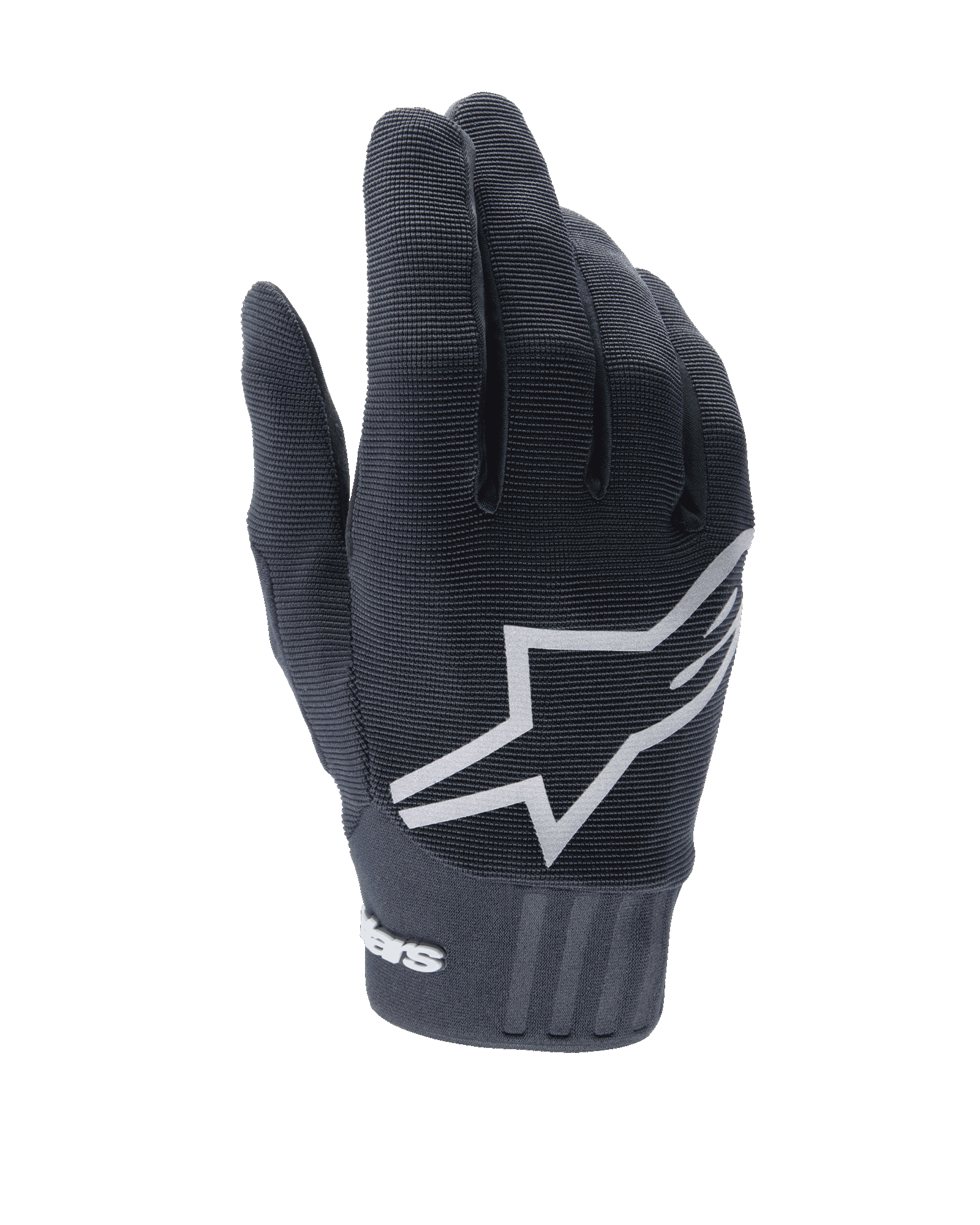 Alpinestars A-Dura Handschuhe, schwarze Mountainbike-Handschuhe, mit einem großen weißen Stern-Logo auf der Rückseite, strukturiertem Stretch-Gewebe und einem breiten Neopren-Bündchen mit Branding, entwickelt für Performance beim Offroad-Radfahren.