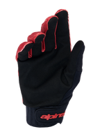 Alpinestars A-Dura Handschuhe, Mountainbike-Handschuhe, Dunkelorange und Schwarz, Handflächenansicht mit schwarzem synthetischem Wildleder für Grip, breiter Neoprenbund mit rotem Branding auf dem Klettverschluss am Handgelenk, entwickelt für MTB-Haltbarkeit und Fahrgefühl