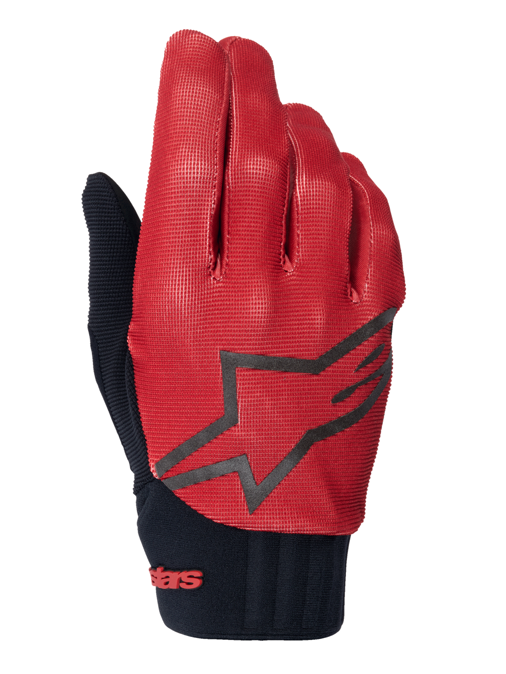 Alpinestars A-Dura Handschuhe, MTB-Handschuhe, Dunkelorange und Schwarz, Oberseite mit strukturiertem Gittermuster, großes schwarzes Stern-Logo, schwarzes Neoprenbündchen mit rotem Branding, entwickelt für Grip und Performance beim Mountainbiken