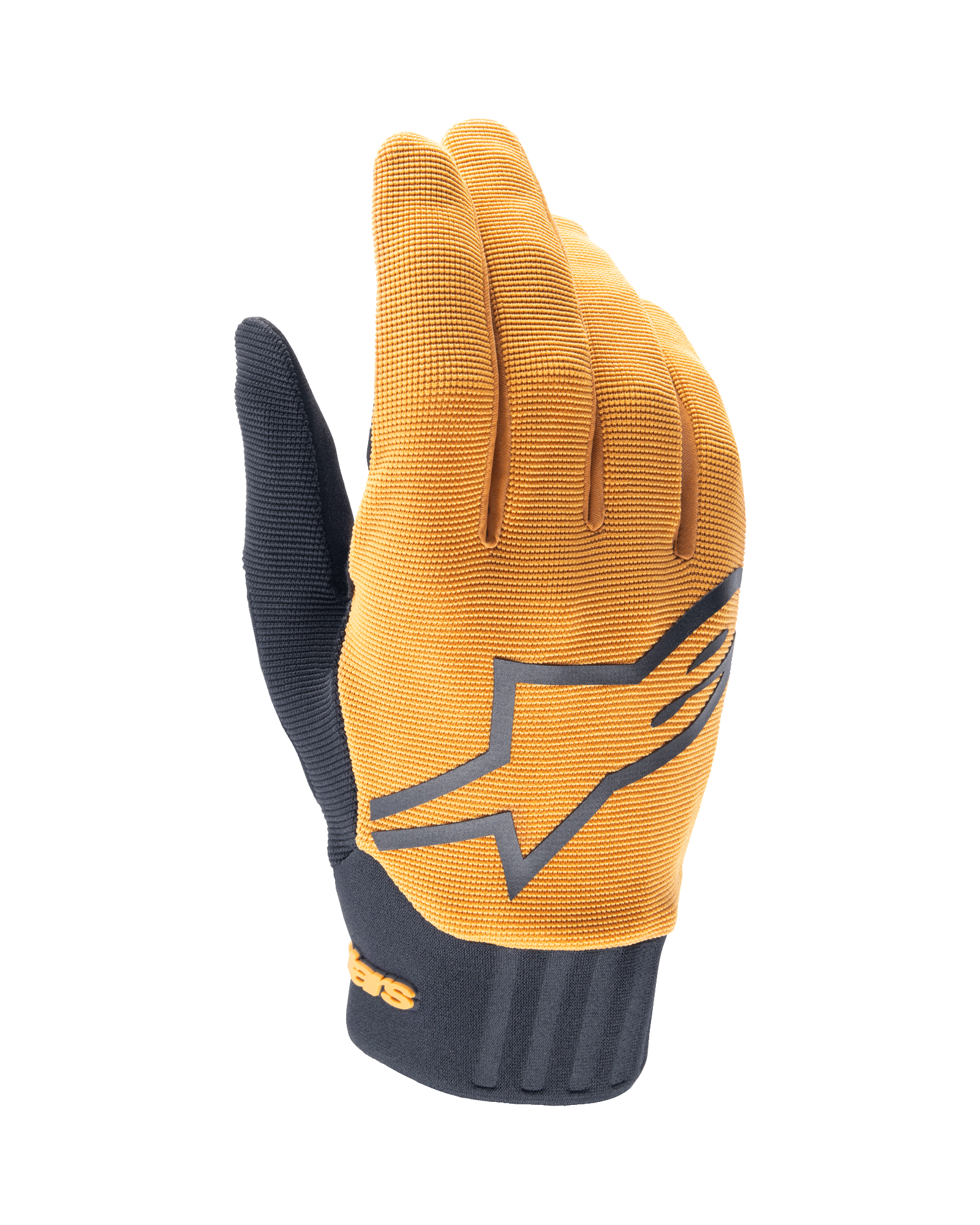 Alpinestars A-Dura Handschuhe, MTB-Mountainbike-Handschuhe, Dunkelgold und Schwarz, strukturiertes goldenes Obermaterial mit großem grauen Alpinestars-Logo, schwarze Neoprenmanschette, entwickelt für Grip und Beweglichkeit beim Geländeradsport