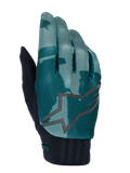 Alpinestars A-Dura Gloves, MTB Mountain Biking Gloves, Green Camo, teal and dark green camouflage pattern with a large grey star logo, black ribbed neoprene cuff, technical gear for off-road cycling
