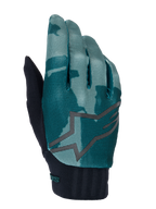 Alpinestars A-Dura Gloves, MTB Mountain Biking Gloves, Green Camo, teal and dark green camouflage pattern with a large grey star logo, black ribbed neoprene cuff, technical gear for off-road cycling