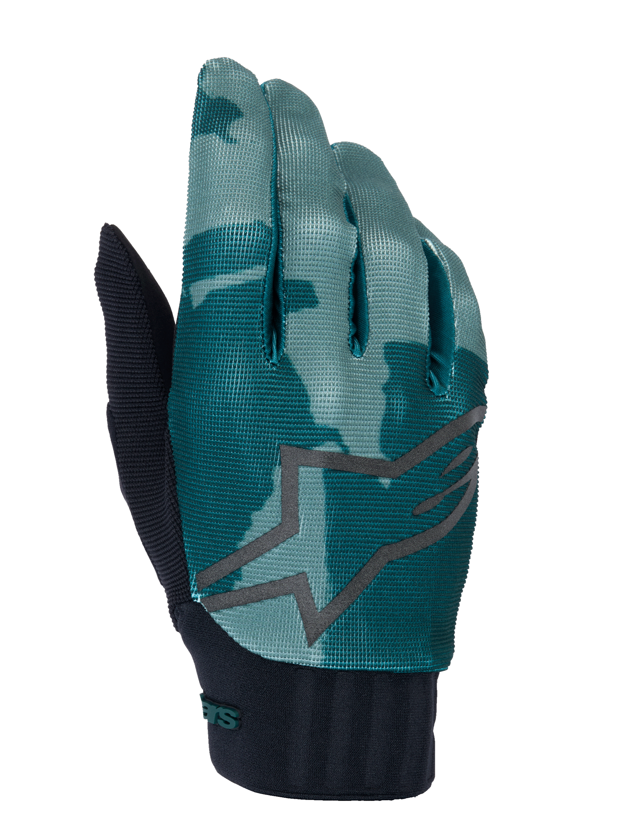 Alpinestars A-Dura Handschuhe, MTB Mountainbike-Handschuhe, Green Camo, türkis- und dunkelgrünes Camouflage-Muster mit großem grauem Sternlogo, schwarzer gerippter Neoprenbund, technische Ausrüstung für den Offroad-Radsport