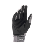 Alpinestars A-Dura Gel Gloves, Light Gray and Black mountain bike gloves, palm view showing black synthetic suede with gel insert padding, neoprene cuff with hook-and-loop wrist closure featuring branding, ergonomic cycling gear