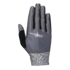 Alpinestars Stella Alderex Pro Damen-Handschuhe, anthrazitgraue Fahrradhandschuhe, Rückansicht mit weißem Alpinestars-Logo, diagonal strukturiertes Mesh-Obermaterial und gemusterte Handgelenksmanschette