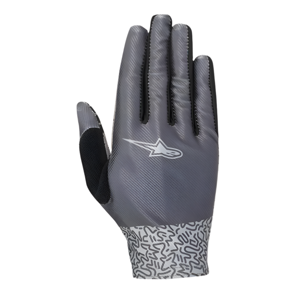 Alpinestars Stella Alderex Pro Damen-Handschuhe, anthrazitgraue Fahrradhandschuhe, Rückansicht mit weißem Alpinestars-Logo, diagonal strukturiertes Mesh-Obermaterial und gemusterte Handgelenksmanschette