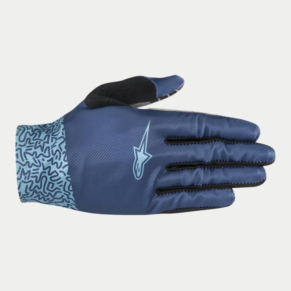 Alpinestars Stella Alderex Pro Handschuhe, Damen-MTB-Handschuhe, Mittelblau, mit dunkelblau texturierter Oberhand, hellblauem Stern-Logo, hellblau gemusterter Manschette und schwarzem Daumen-Patch, konzipiert für Offroad-Radsport