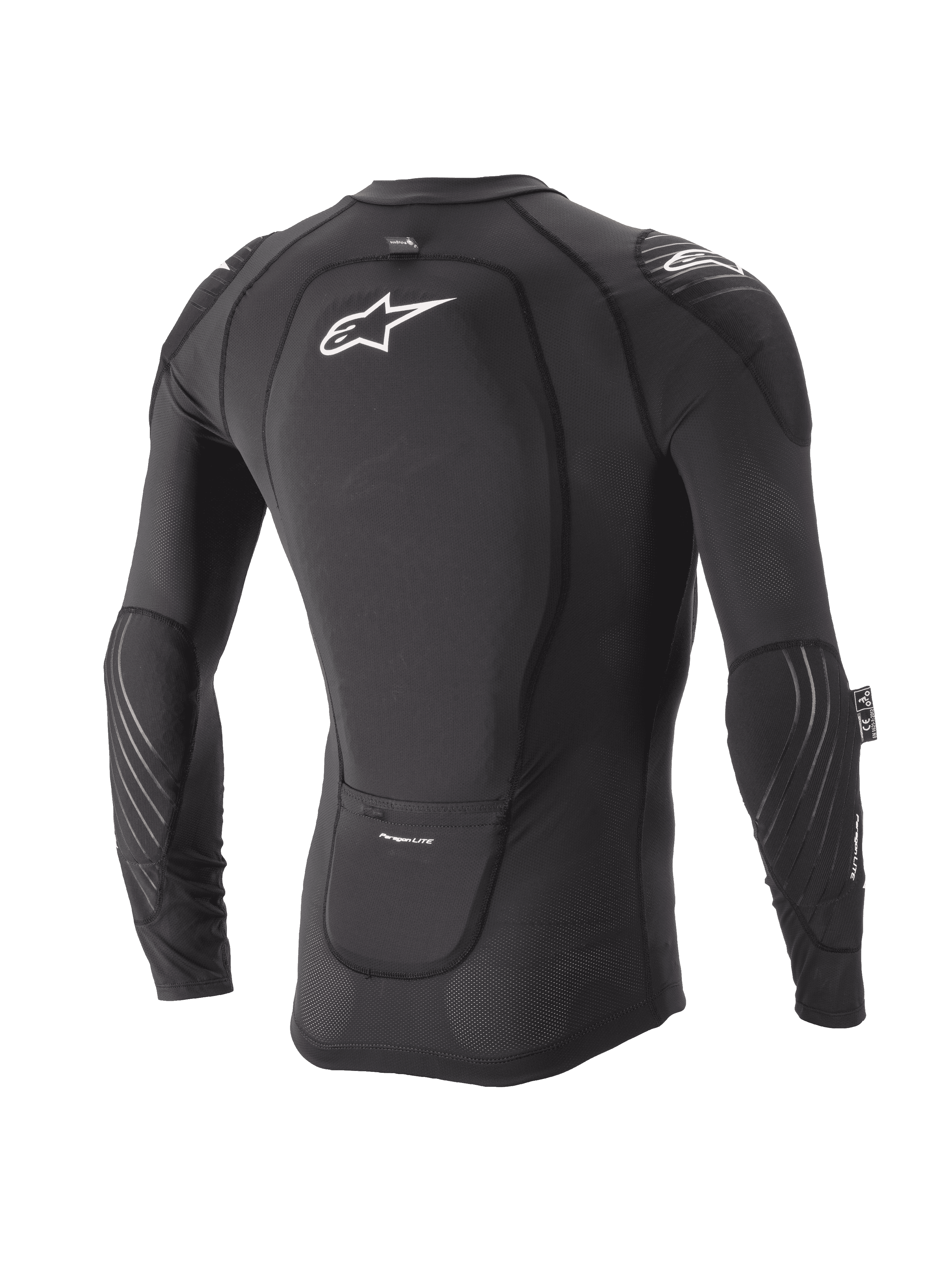 Alpinestars Youth Paragon Lite Schutzjacke, Langarm, Schwarz, Rückansicht mit integriertem Rückenprotektor und weißem Logo, atmungsaktive Mesh-Ärmel mit Ellbogenpolsterung, leichte MTB-Protektorenjacke