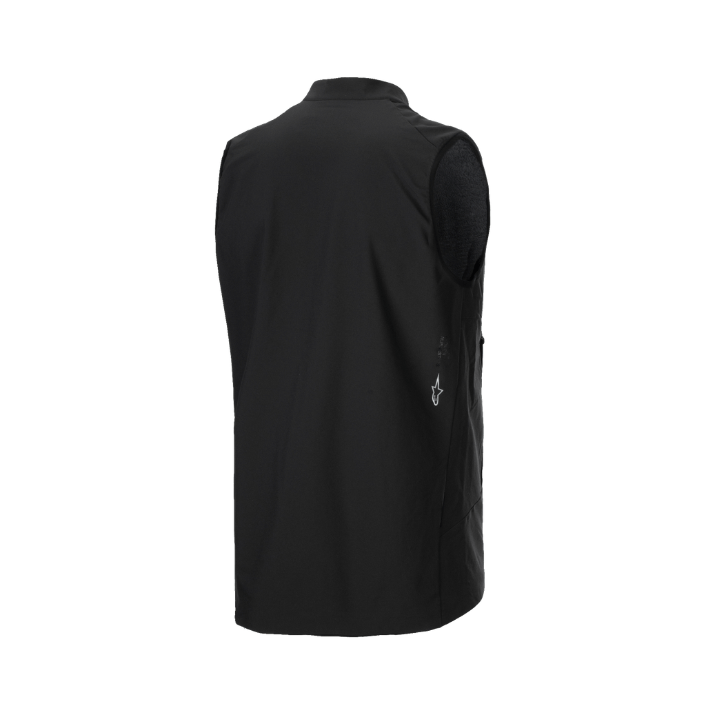 Alpinestars A-Dura Thermal Vest, Black Cycling Vest, rear three-quarter view showing smooth fabric and small white Alpinestars logo on the lower side, lightweight thermal insulation for mountain biking