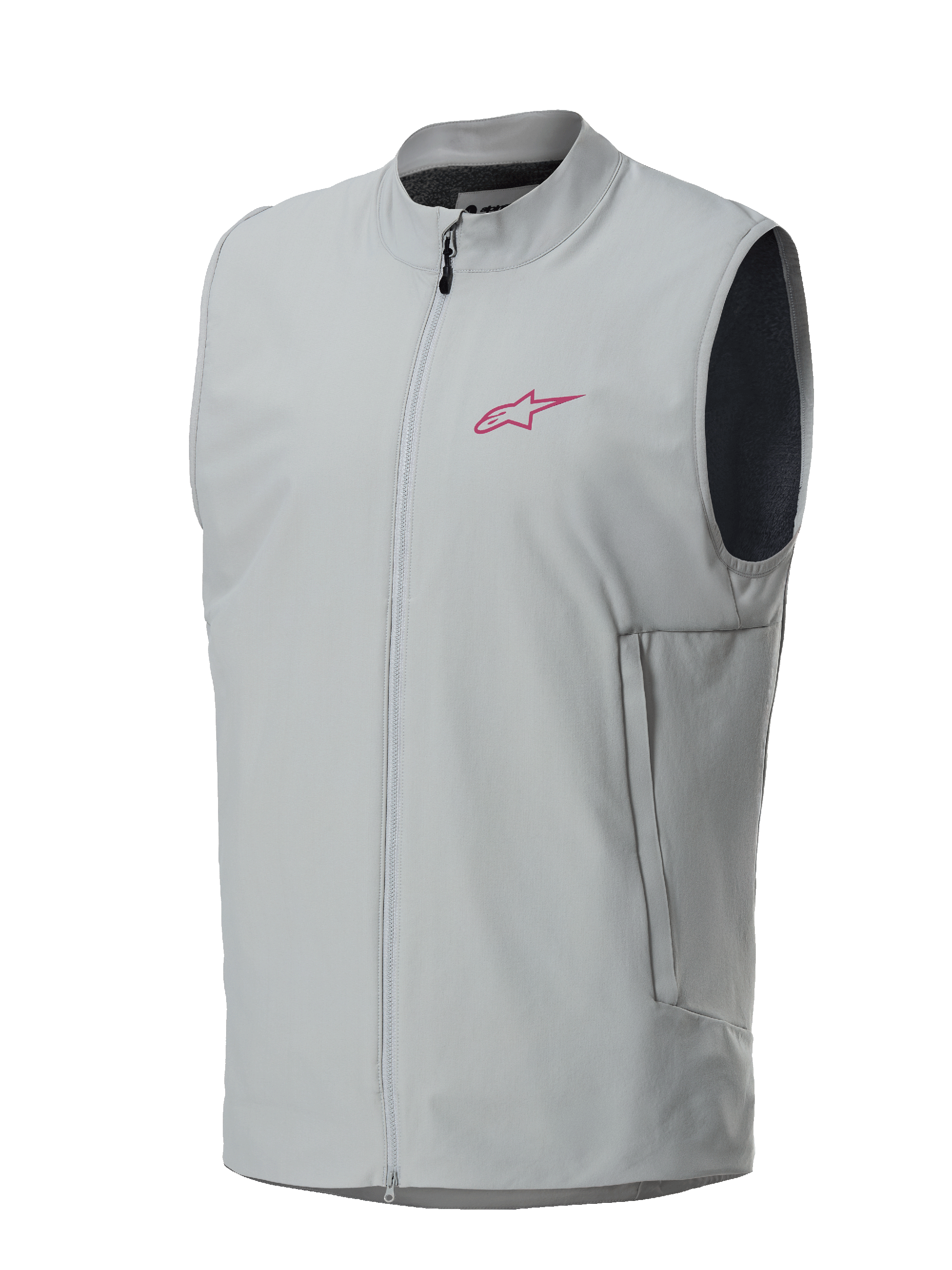 Alpinestars A-Dura Thermoweste, Titanium-Grau, magenta Alpinestars Stern-Logo auf der Brust, durchgehender Reißverschluss vorne mit vertikalen Seitentaschen, leichte isolierte Weste für Mountainbiking und Trailriding
