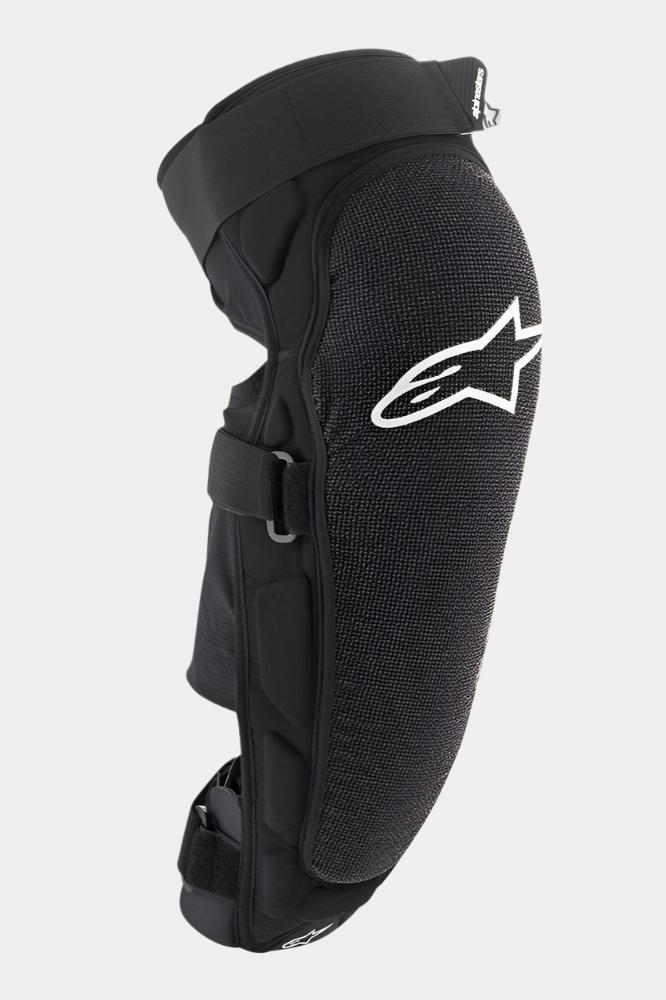 Alpinestars Vector Pro Knie-/Schienbeinschutz, Schwarz, mit weißem Alpinestars-Logo auf dem Knie, strukturiertes abriebfestes Frontpanel, verstellbare Klettverschlüsse, atmungsaktive MTB-Schutzausrüstung