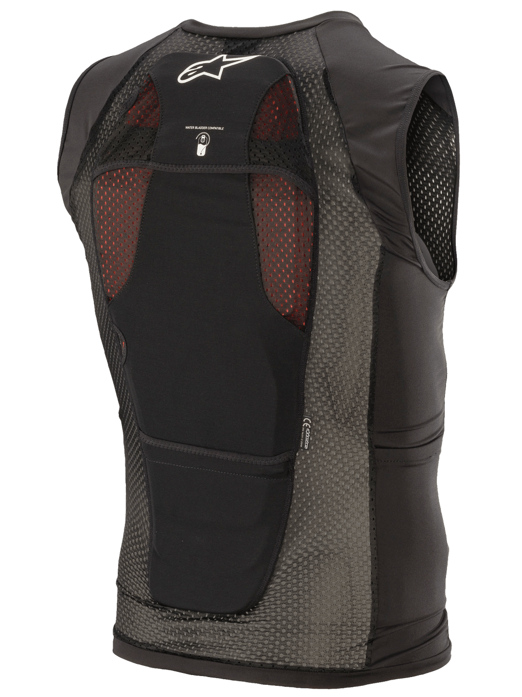 Alpinestars Paragon Plus Schutzweste, Schwarz, Rückansicht mit leichter Stretch-Mesh-Konstruktion, weißem Astar-Logo, Symbol für Trinksystem-Kompatibilität und integriertem CE Level 1 Rückenprotektor.