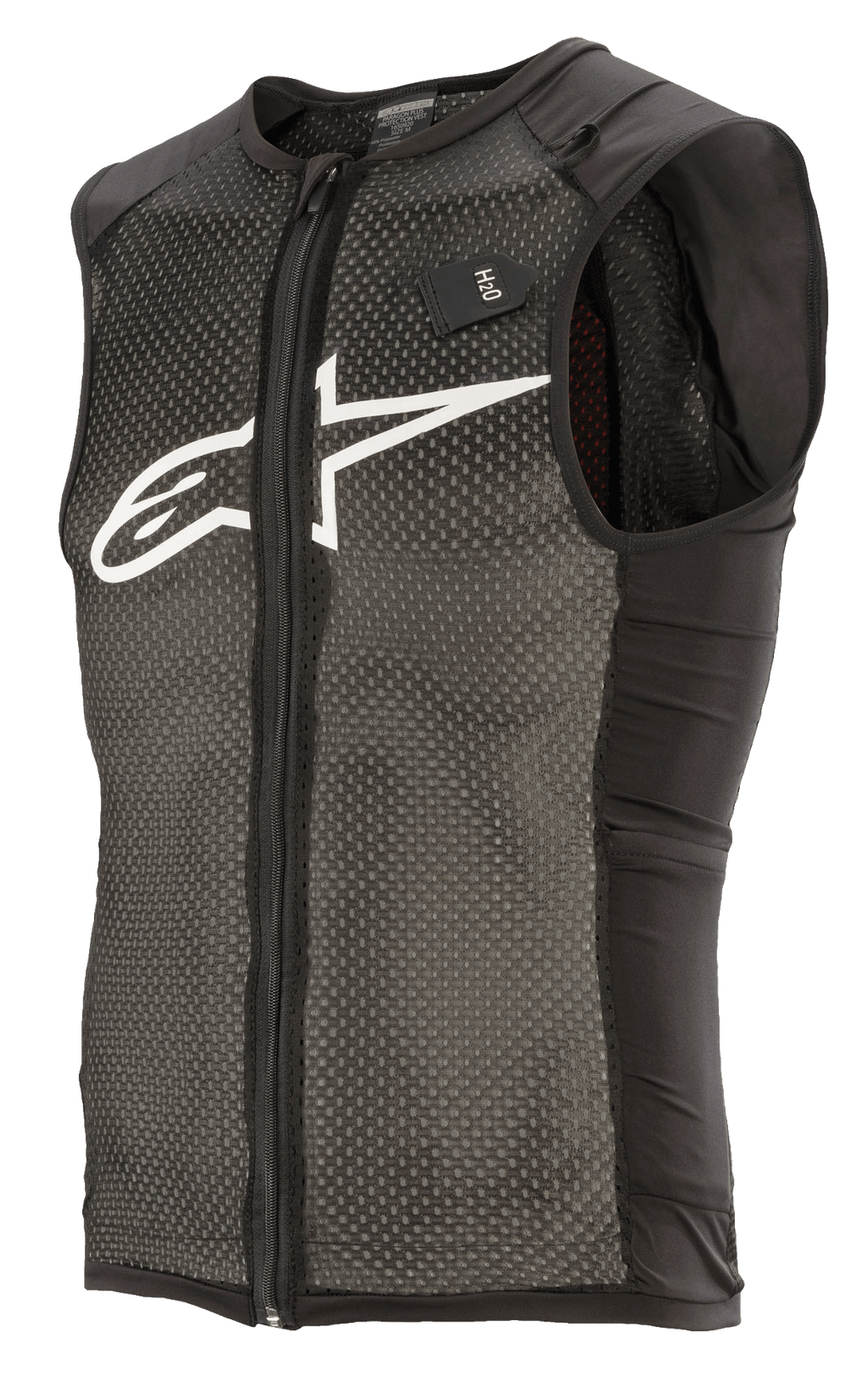 Alpinestars Paragon Plus Schutzweste, Schwarz und Weiß, leichte MTB-Schutzweste im ärmellosen Design, durchgehender Frontreißverschluss, Hauptkonstruktion aus strukturiertem Stretch-Mesh, einfarbige schwarze Seiteneinsätze, weißes Logo auf der Brust und H2O-Trinksystem-Markierung